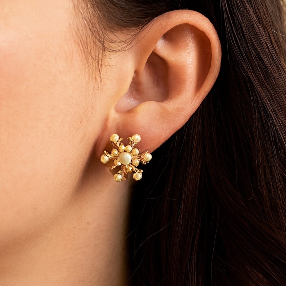 Golden Snowflake Pearl Stud Earrings